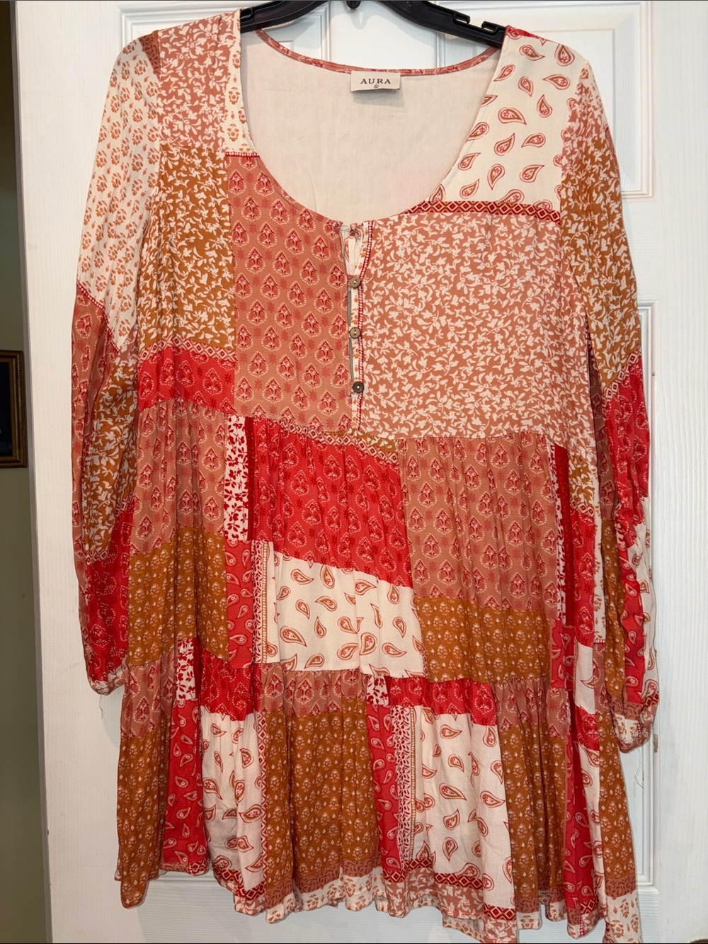 Aura Orange Patchwork Boho Tunic Dress, Large